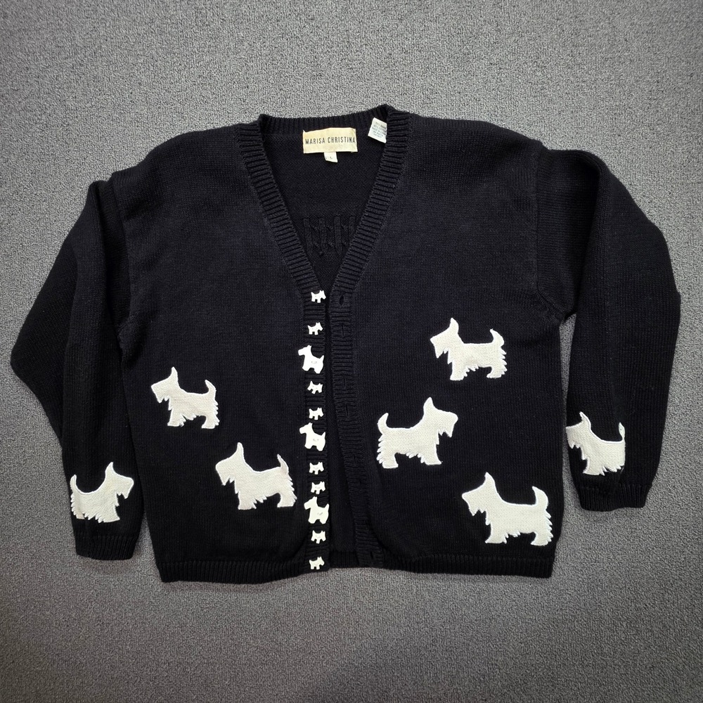 Marisa Christina Scottie Dog Cardigan‎ Sweater Black White Westie Novelty Large